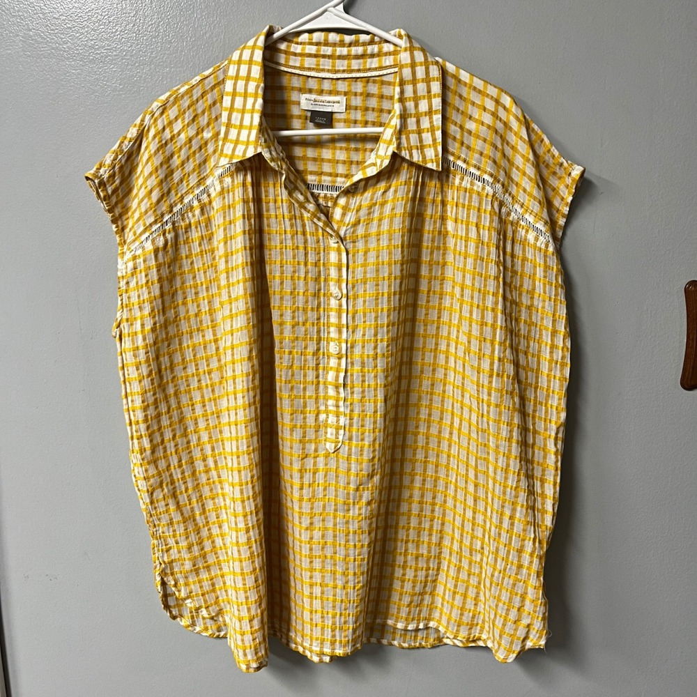 Pilcro Anthropologie Serena surf Henley Yellow Gingham Cotton Linen Blouse Top L